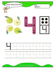 4 Rakamı Çizgi Çalışmaları Çalışma Sayfaları
